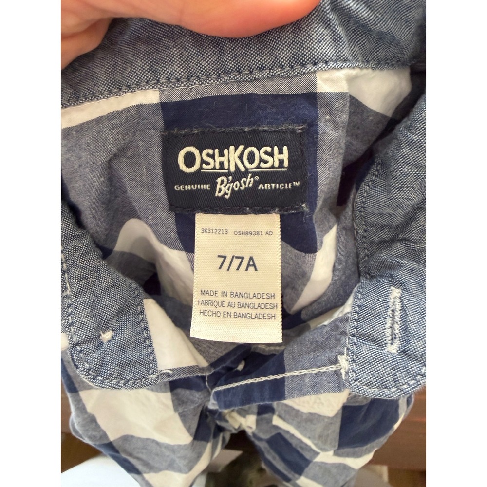 OshKosh B'gosh Boys Navy Blue White Buffalo Check Plaid Button Down Shirt 7/7A - Picture 4 of 4